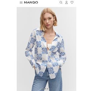 Mango Women’s Blue and White Geometric Oversized Embroidered Shirt